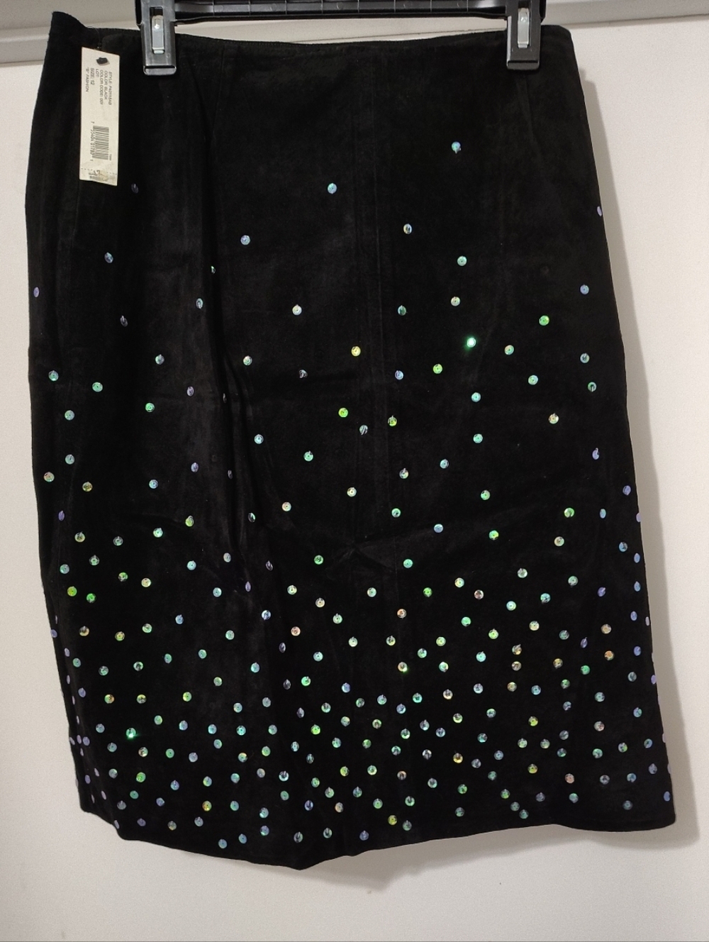 NWT DKNY Black Suede Pencil Skirt Blue Iridescent Sequins Starry Night Vintage